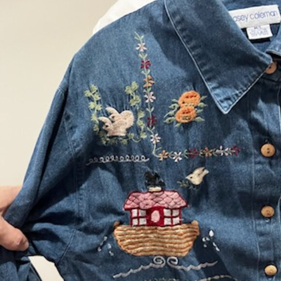 Casey Coleman Denim Shirt Embroidered Noahs Ark Women's M/L Cotton Cottagecore - Picture 4 of 10